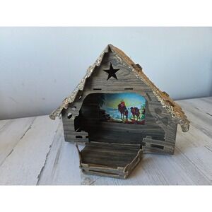 Antique cardboard manager stable creche Nativity mural building light up